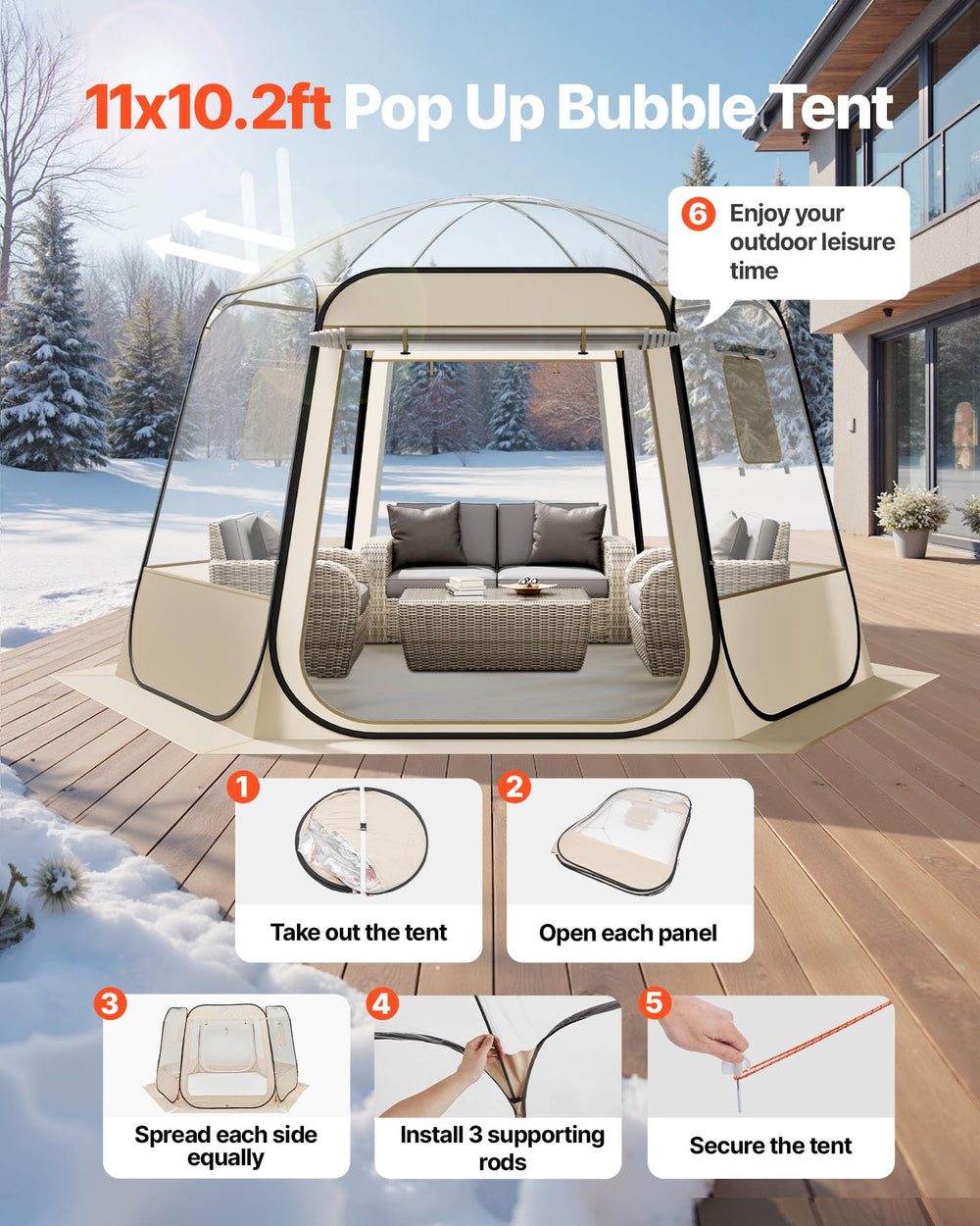VEVOR bubble tent interior is spacious, fitting 8–10 people comfortably.