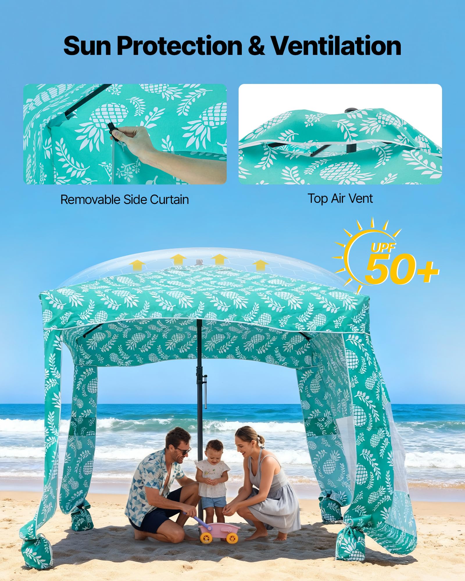 VEVOR Beach Cabana wind-resistant frame stays anchored with stakes and sandbags.