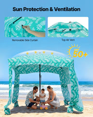 VEVOR Beach Cabana wind-resistant frame stays anchored with stakes and sandbags.