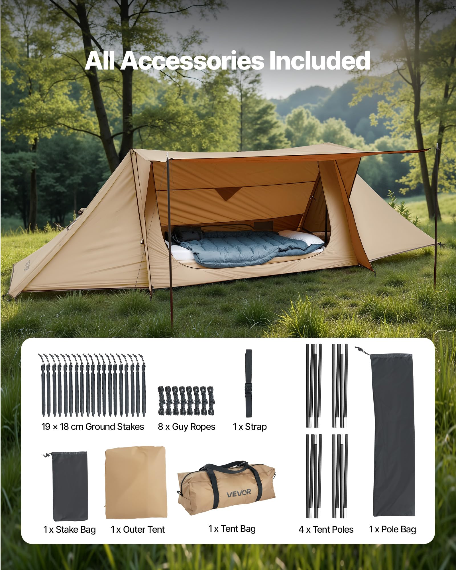 VEVOR Camping Hot Tent dual-door design provides wind protection and airflow.