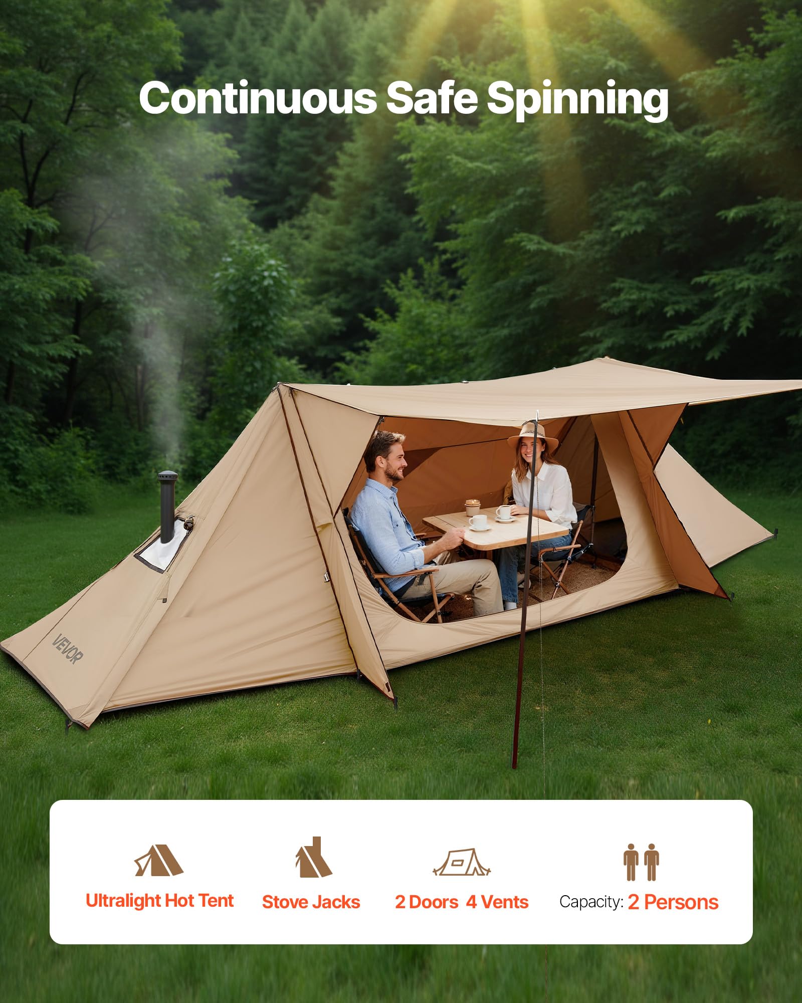 VEVOR Camping Hot Tent side entrance emphasizes organized gear and easy access.