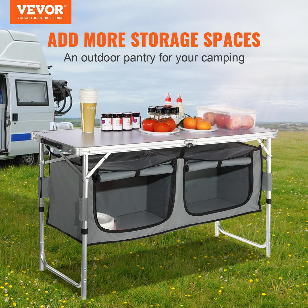 VEVOR Camping Kitchen Station storage shelf for pots and tools.