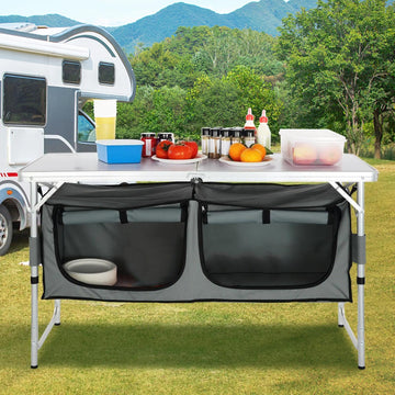 VEVOR Camping Kitchen Station showing zippered storage for organized gear.