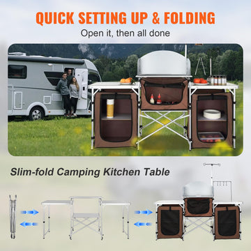 VEVOR camping kitchen table three cupboards for cookware and food storage.