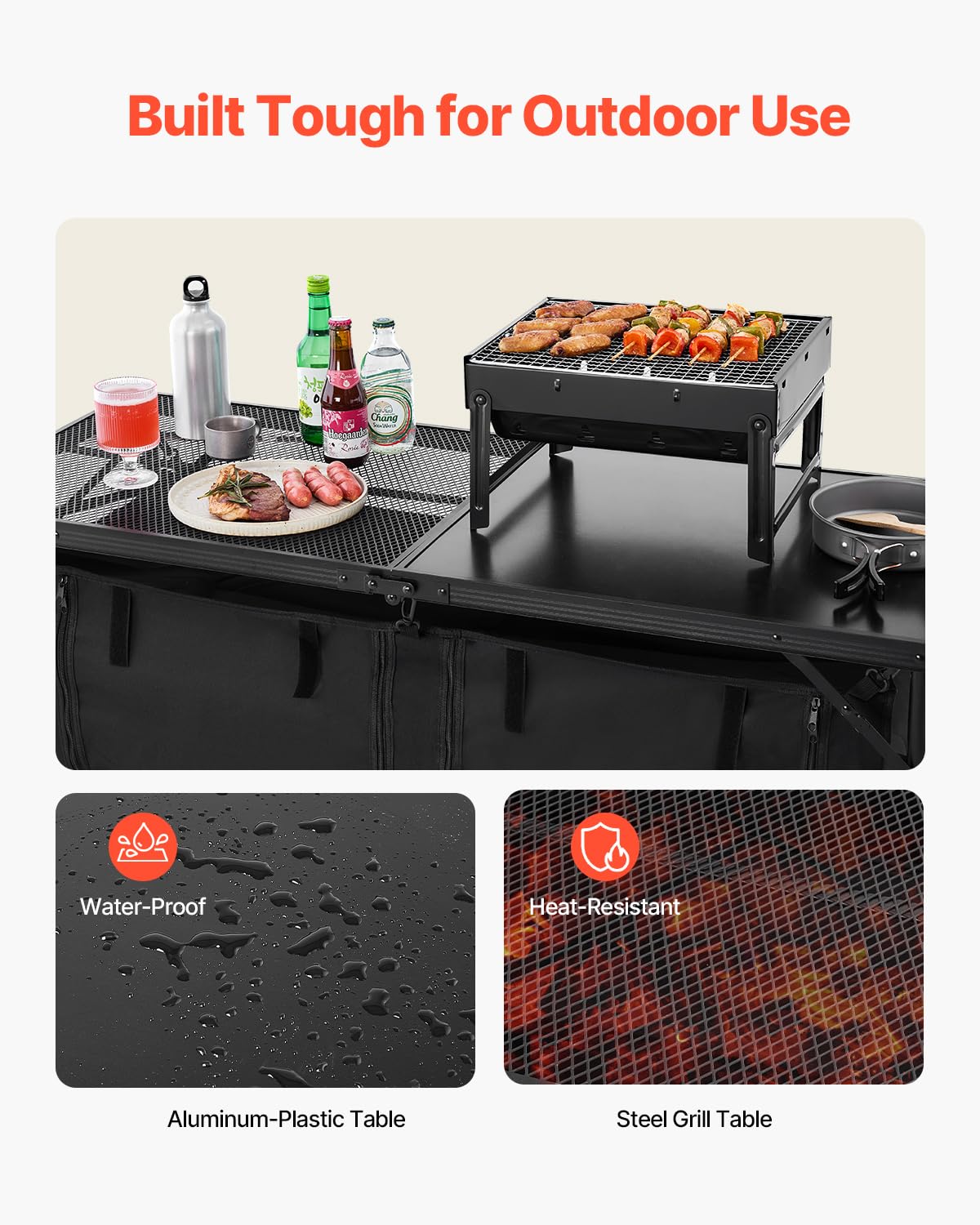 VEVOR camping kitchen table displaying three-height-options for versatile height.