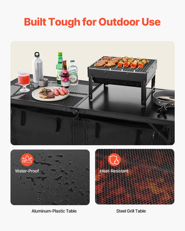 VEVOR camping kitchen table displaying three-height-options for versatile height.