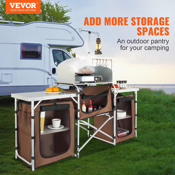 VEVOR camping kitchen table aluminum tubes highlighting durable frame.