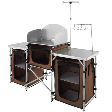 VEVOR camping kitchen table detachable windscreen demonstrating heat retention.