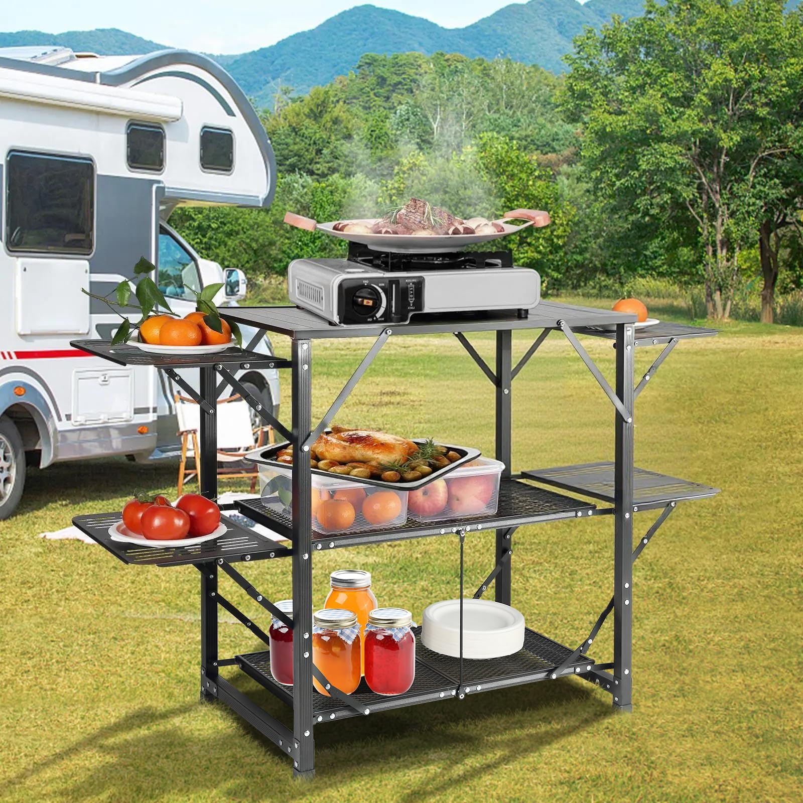 VEVOR folding side tables attach for extra prep space and organization.