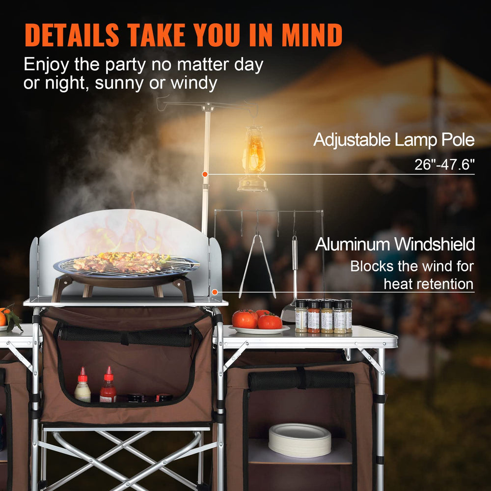 VEVOR camping kitchen table lamp stand for night lighting at campsite.