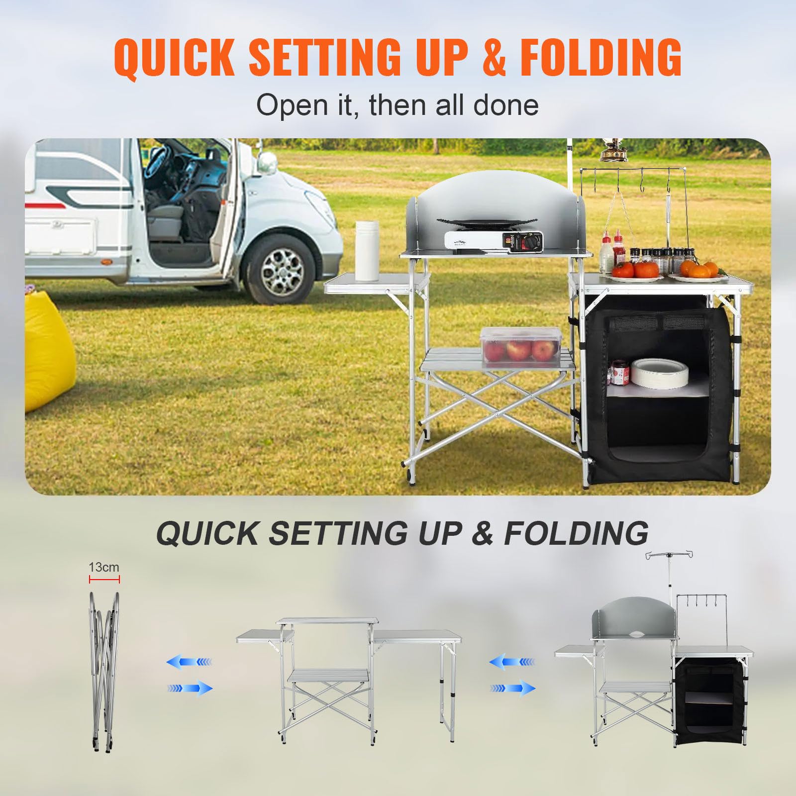 VEVOR camping kitchen table detachable lamp stand adds nighttime illumination.