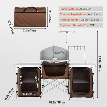 VEVOR camping kitchen table side storage for utensils and accessories.