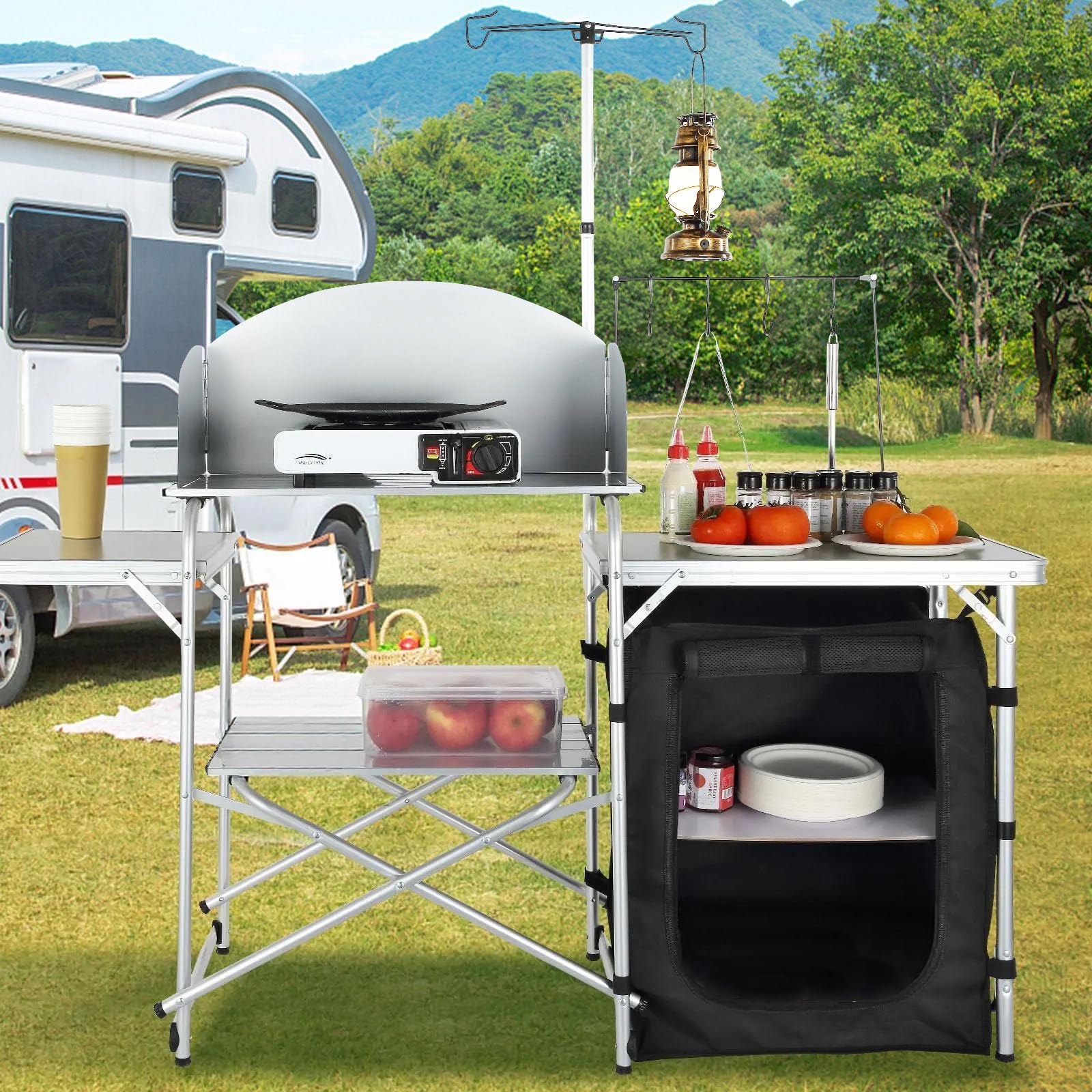 VEVOR camping kitchen table with aluminum frame ready for outdoor setup.
