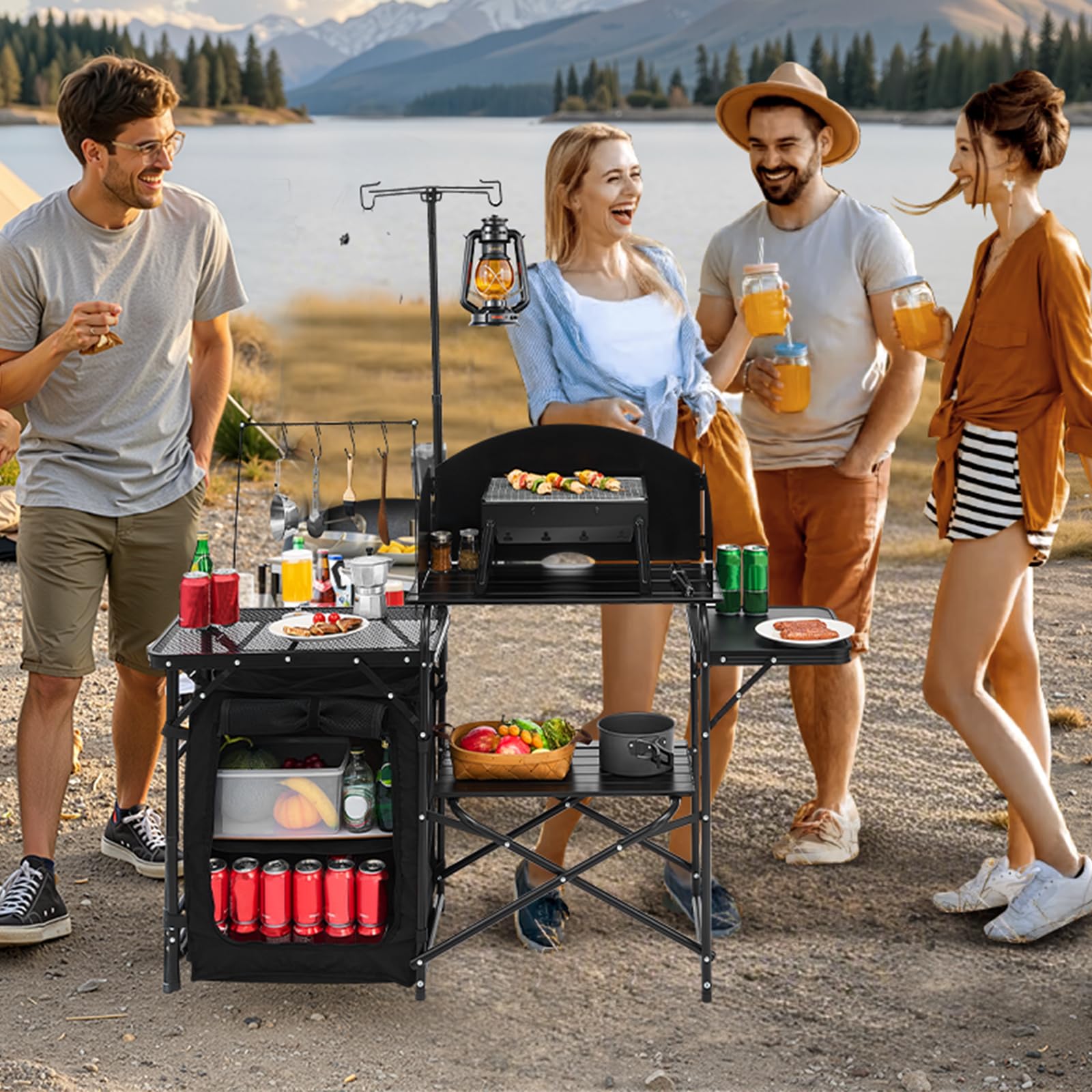 VEVOR camping kitchen table storage compartments organize utensils and ingredients