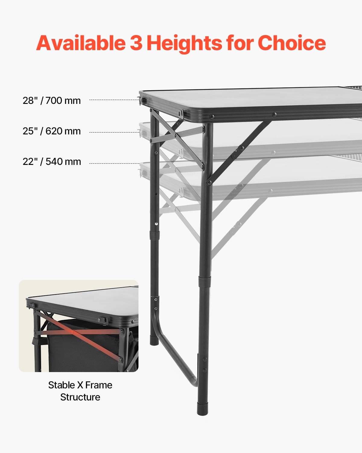 VEVOR camping kitchen table with sturdy-x-legs for added stability.
