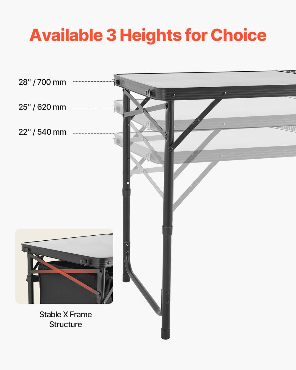 VEVOR camping kitchen table with sturdy-x-legs for added stability.