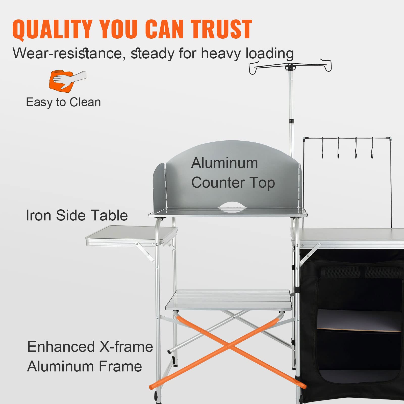 VEVOR camping kitchen table convenient side table and hooks for tools.