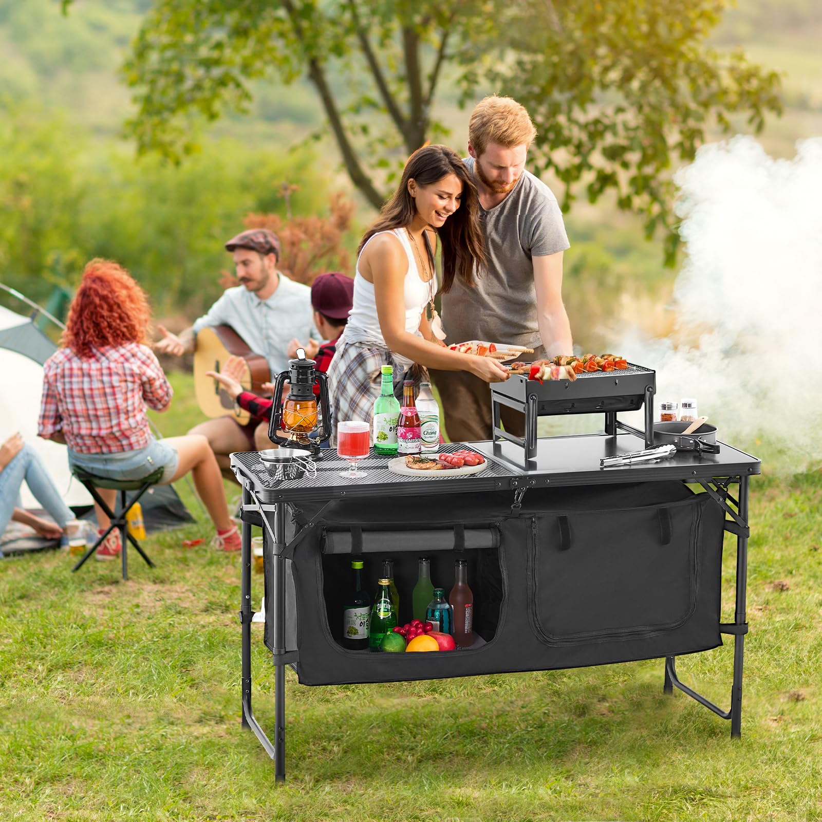 VEVOR camping kitchen table during unfolding setup for quick outdoor cooking.