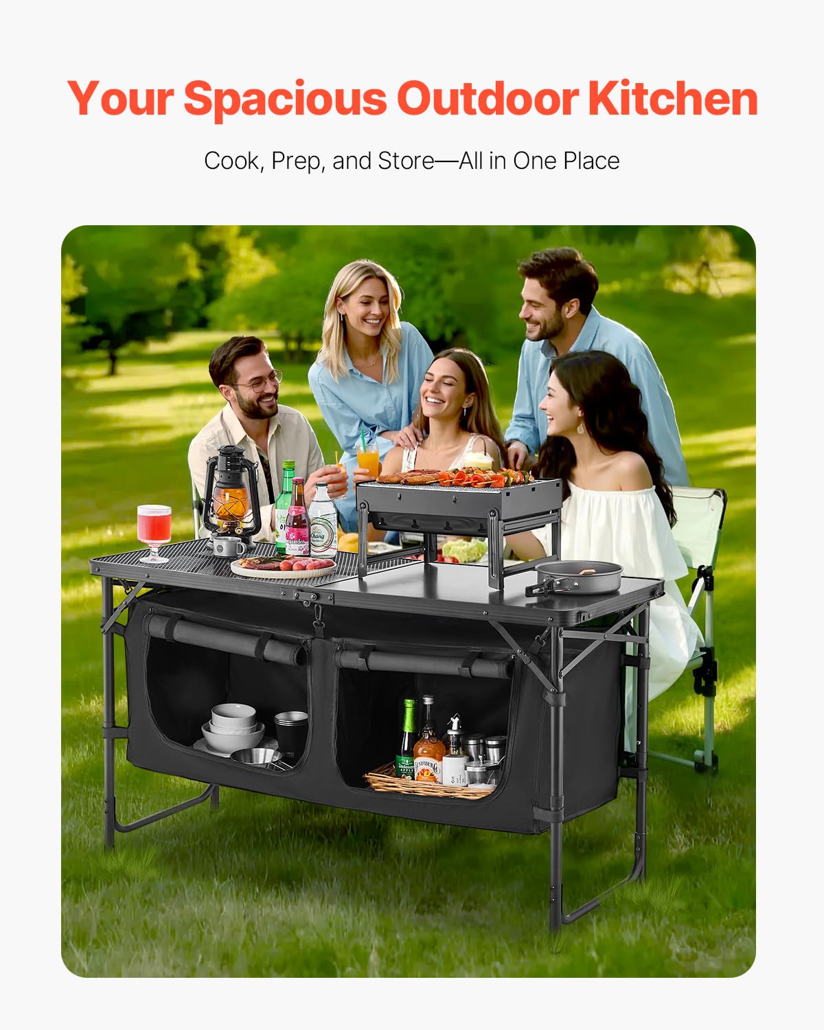 VEVOR camping kitchen table showing zippered-storage compartments for organization.