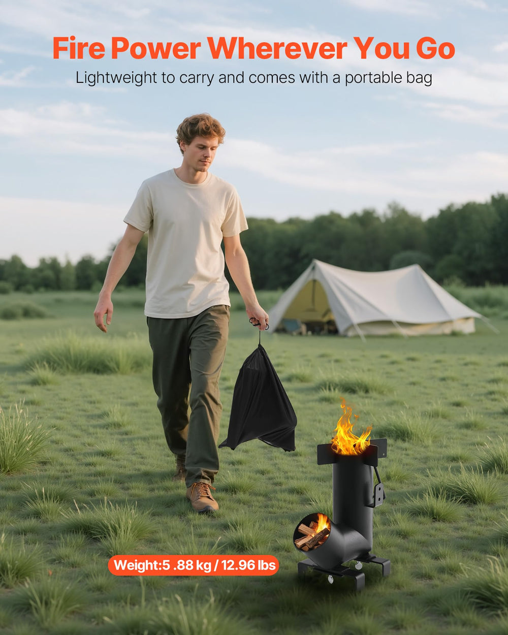 VEVOR camping rocket stove backyard scene emphasizes versatile outdoor cooking