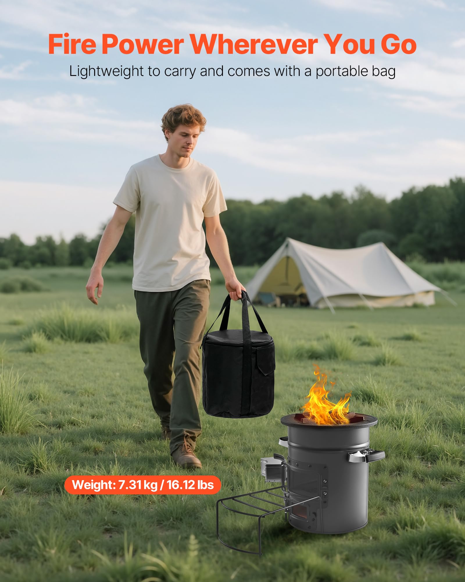 VEVOR rocket stove burning twigs and charcoal for flexible fuel choices