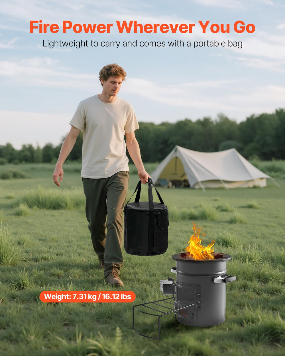 VEVOR rocket stove burning twigs and charcoal for flexible fuel choices