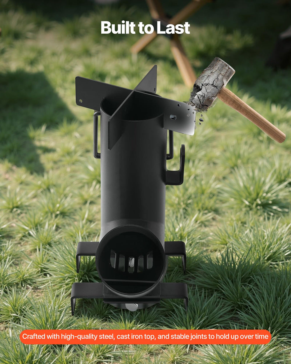 VEVOR camping rocket stove cast-iron top supports pots for even heat