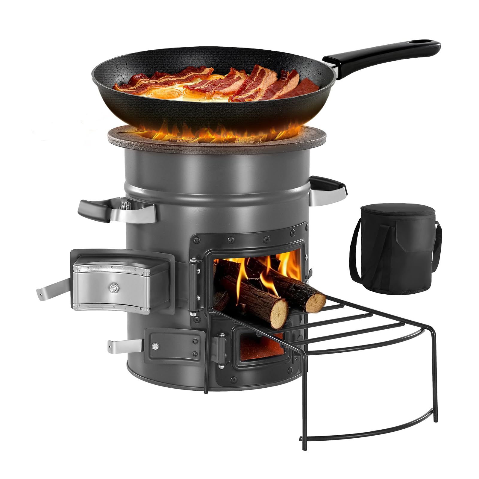 VEVOR camping rocket stove front view showing compact, sturdy design for outdoor cooking