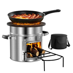 VEVOR camping rocket stove front view, compact and portable for outdoor meals.