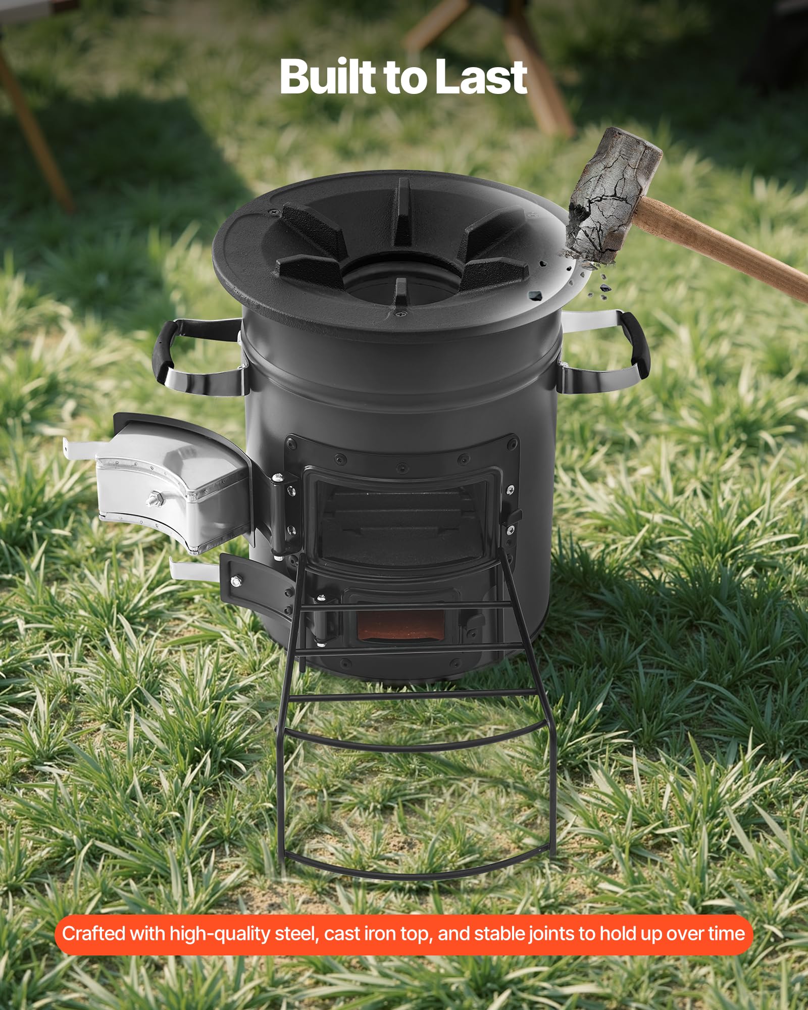 VEVOR camping rocket stove open-door design for easy loading and quick starts