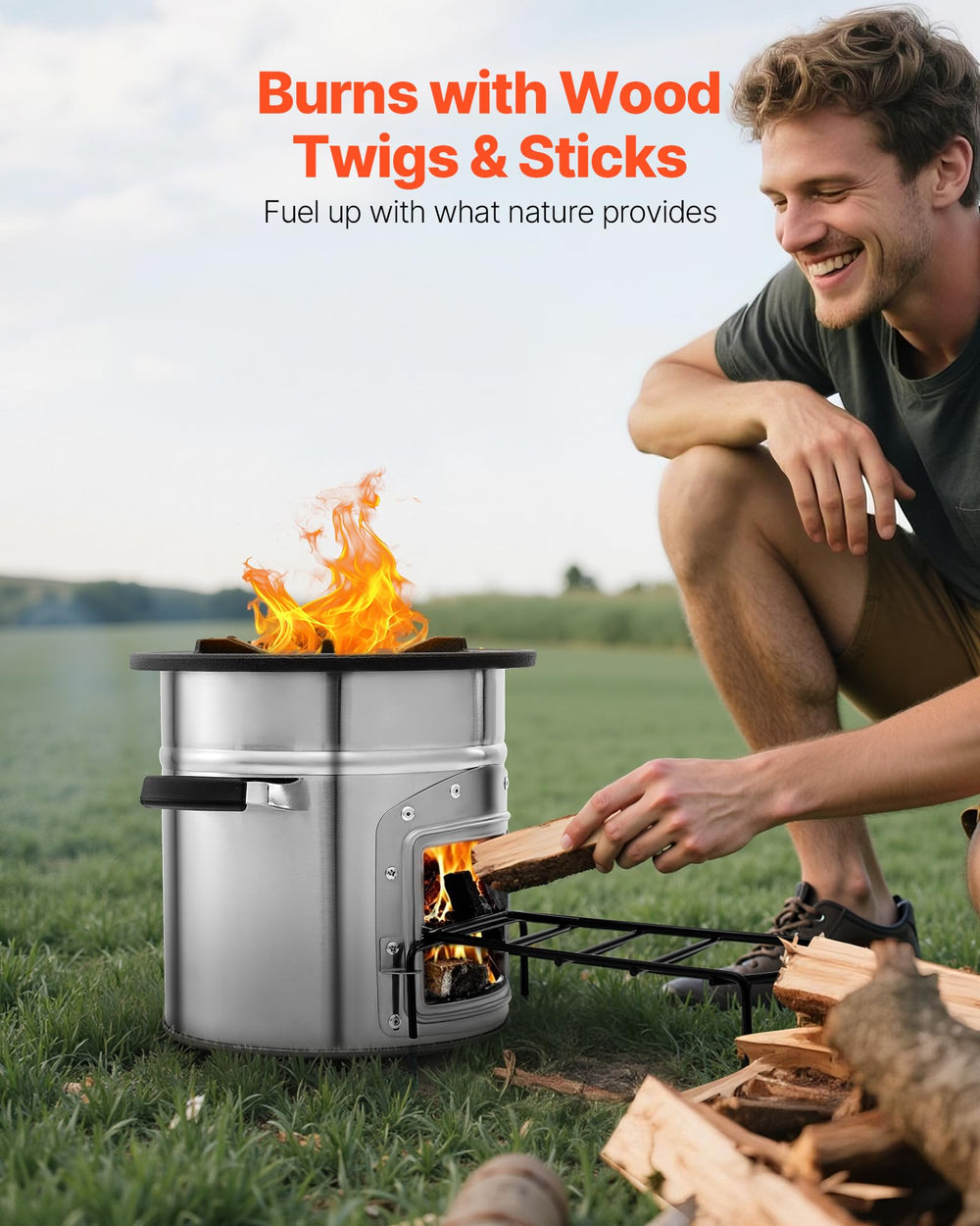 VEVOR camping rocket stove side angle showing stability on various terrain.