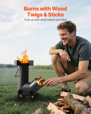 VEVOR camping rocket stove side profile highlights rugged steel construction
