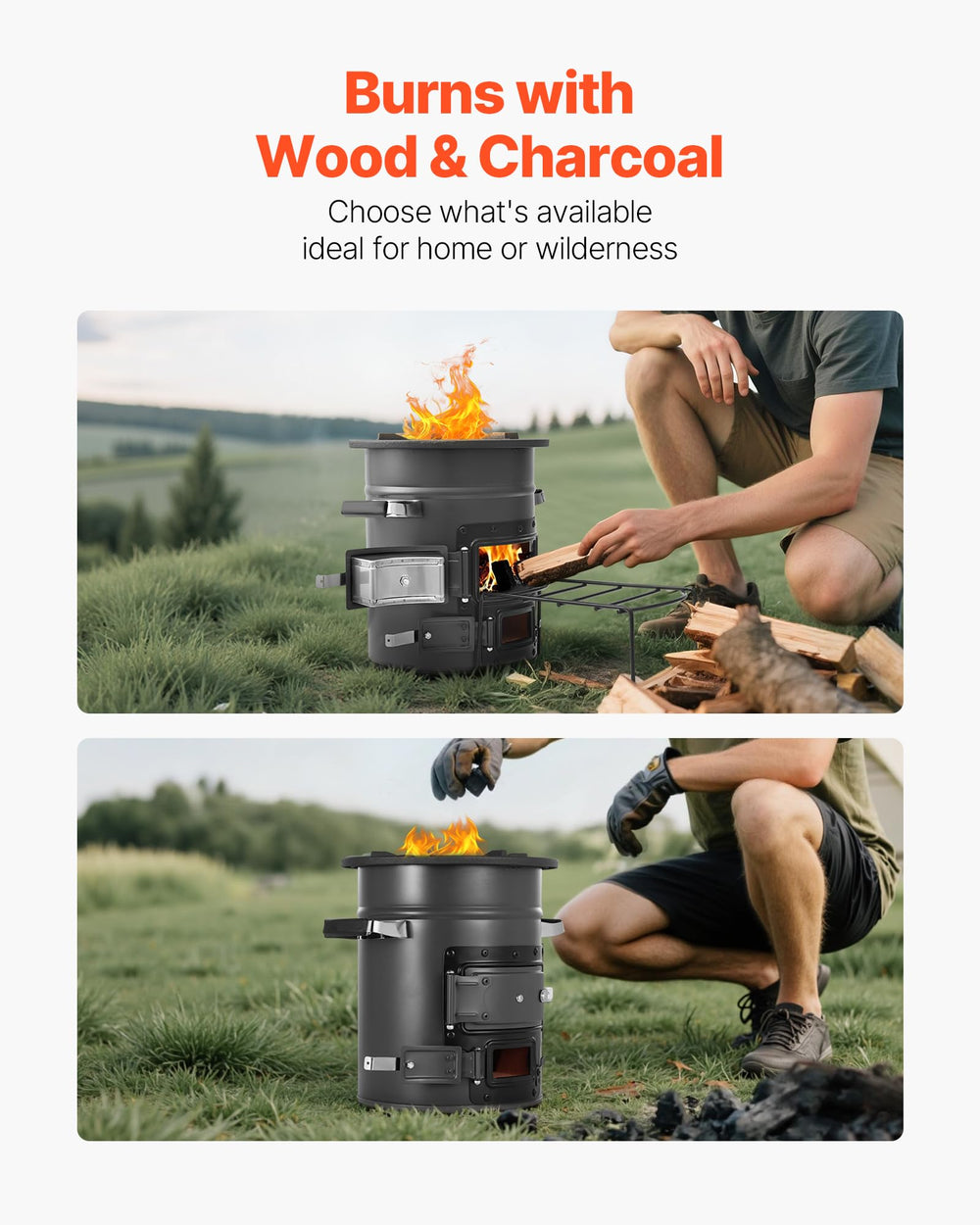 VEVOR camping rocket stove side view highlighting portability for backpacking