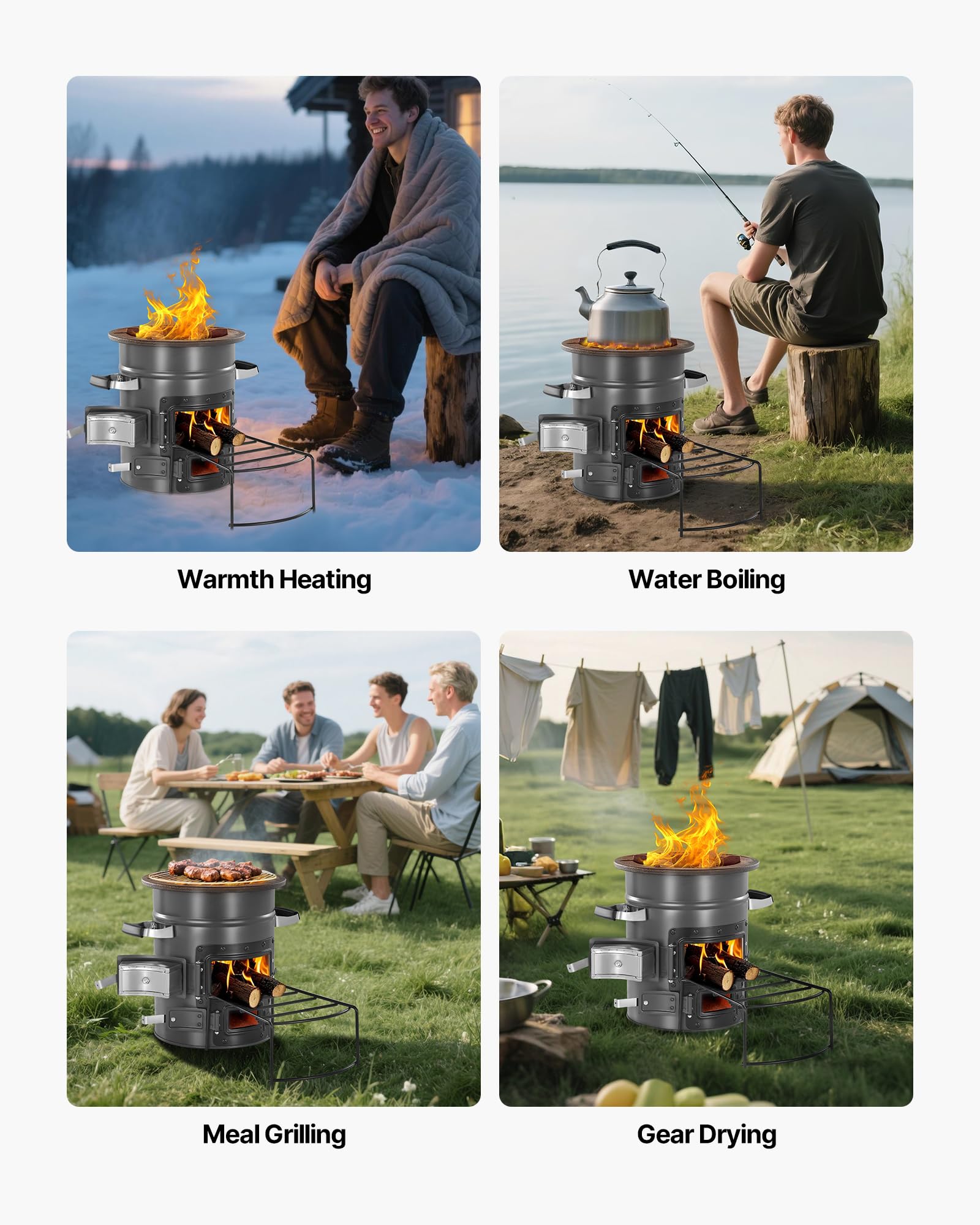 VEVOR camping rocket stove top with pot demonstrating even heat transfer