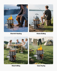 VEVOR camping rocket stove top with pot demonstrating even heat transfer