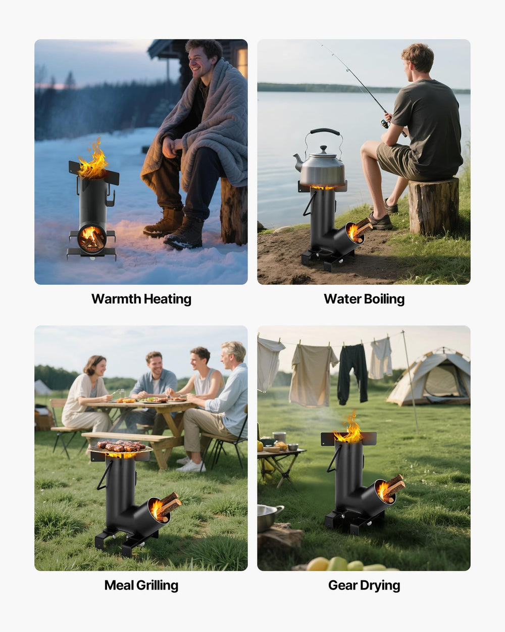 VEVOR camping rocket stove with wood fire demonstrates wood-burning versatility for meals