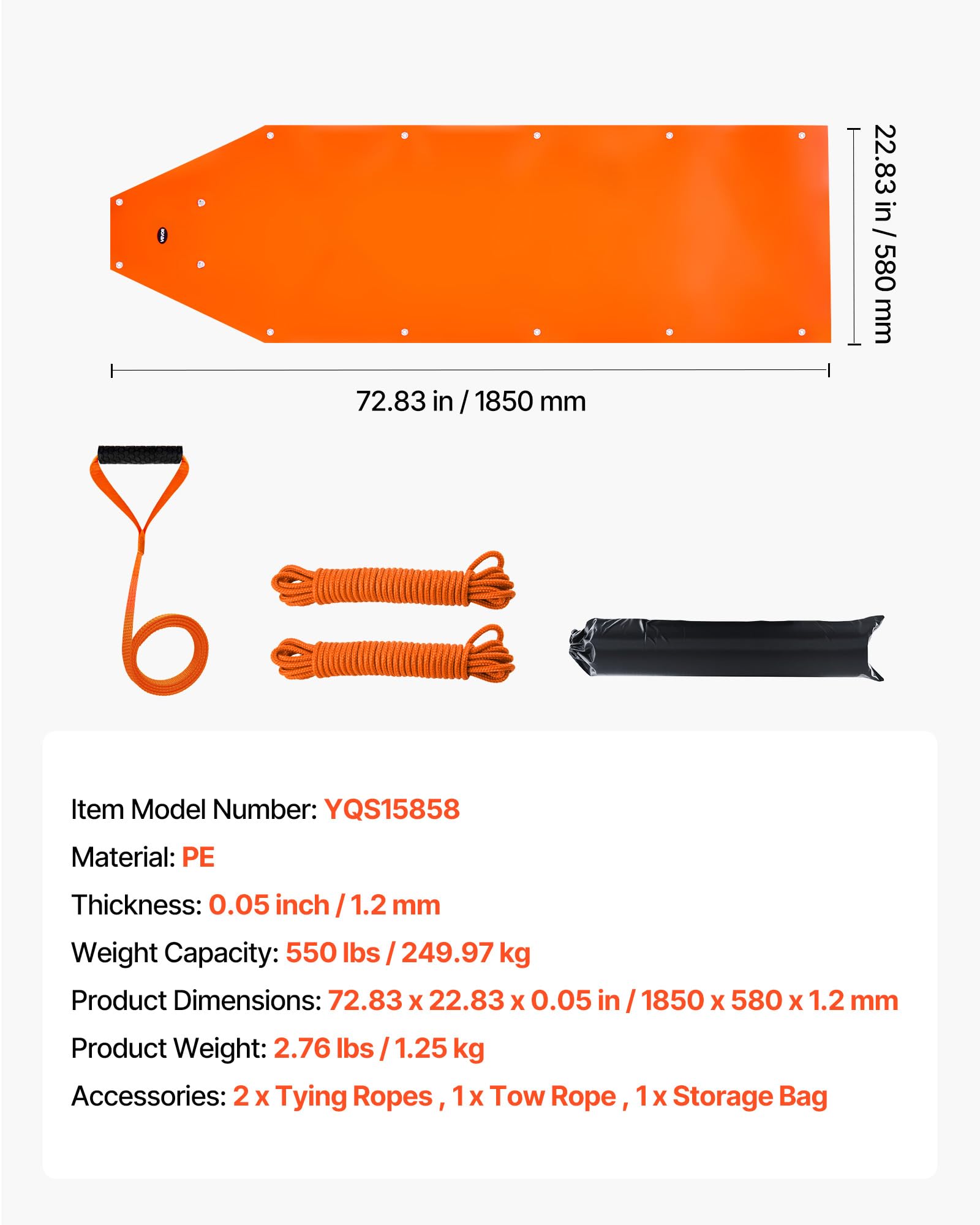 VEVOR Deer Drag Sled dimensions 72.8 by 22.8 inches for planning