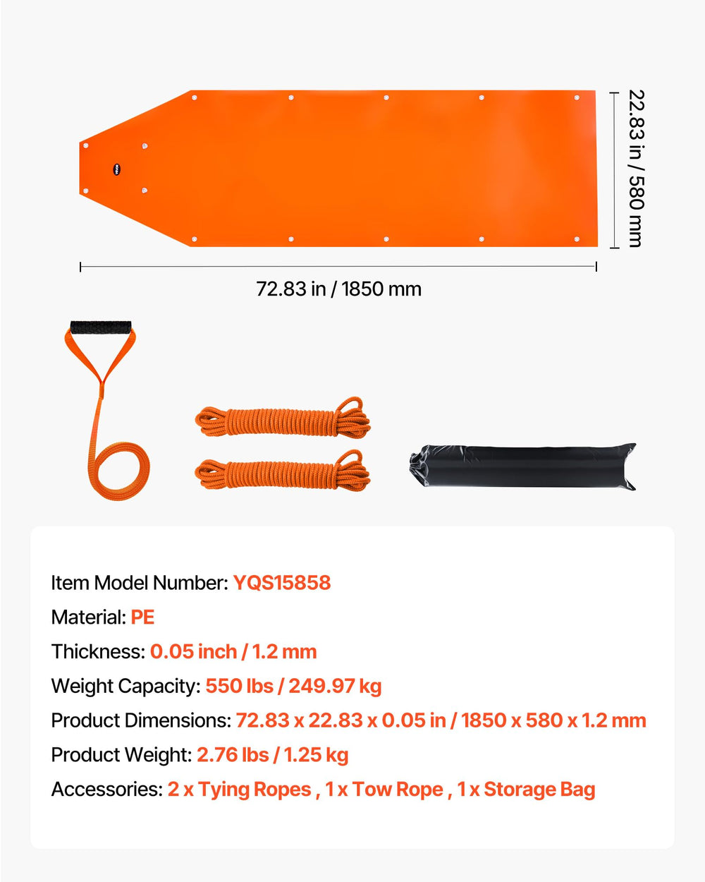 VEVOR Deer Drag Sled dimensions 72.8 by 22.8 inches for planning