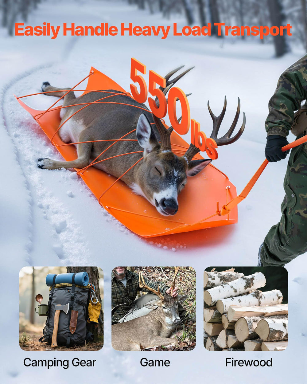 VEVOR Deer Drag Sled rope and handle close-up for secure towing