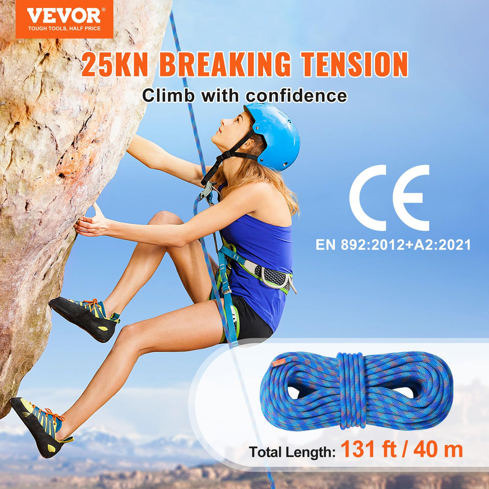 VEVOR blue rope close-up shows 25KN tensile strength.
