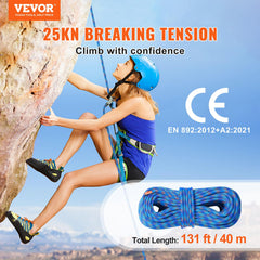 VEVOR blue rope close-up shows 25KN tensile strength.