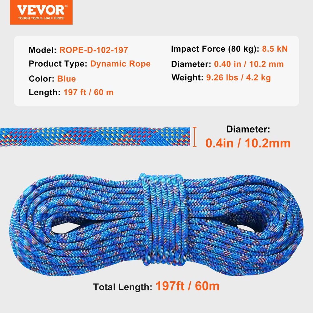 VEVOR dynamic rope in blue with 35 percent elongation for controlled movement.