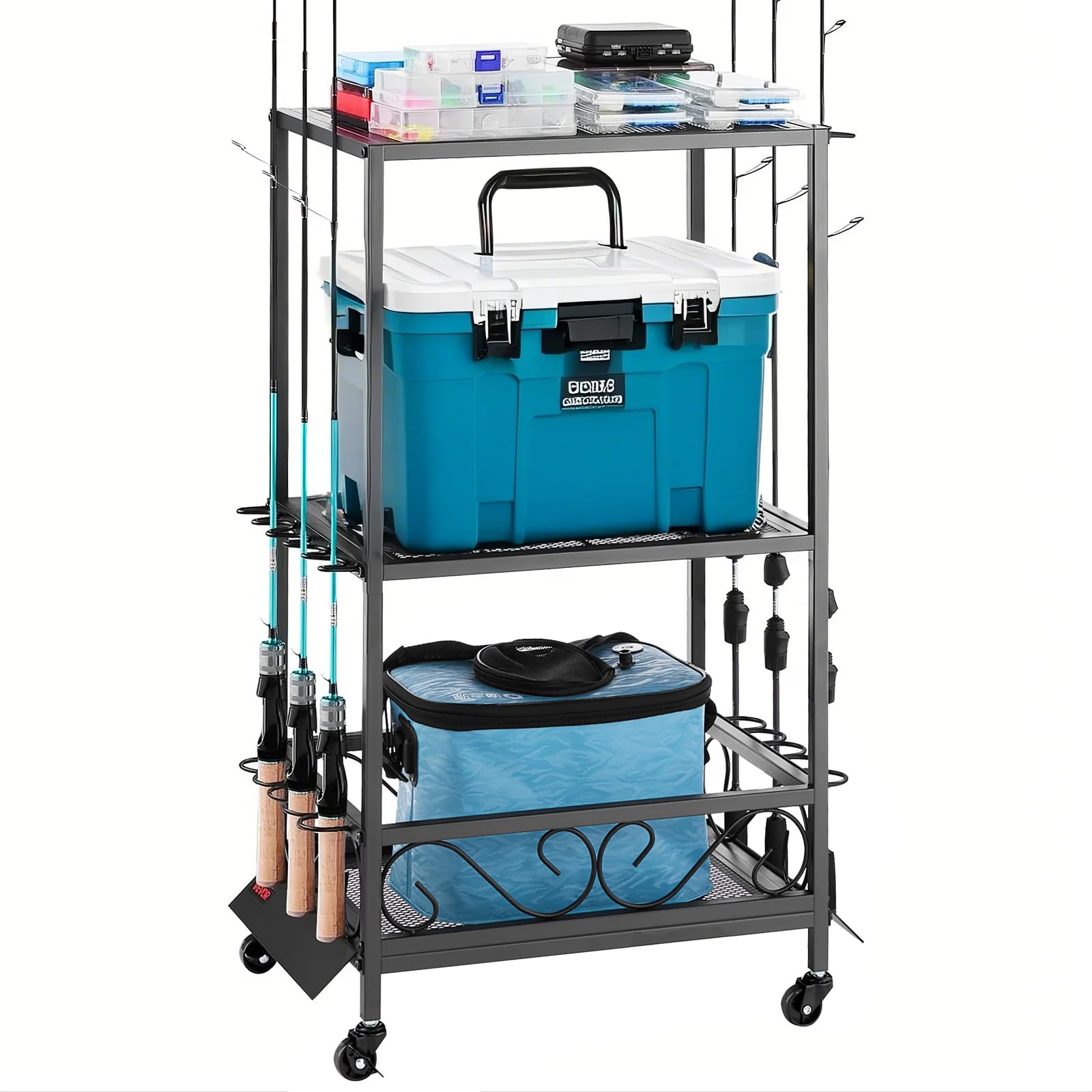 VEVOR fishing rod holder organizes 10 rods for easy access in a tidy workspace.