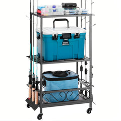 VEVOR fishing rod holder organizes 10 rods for easy access in a tidy workspace.