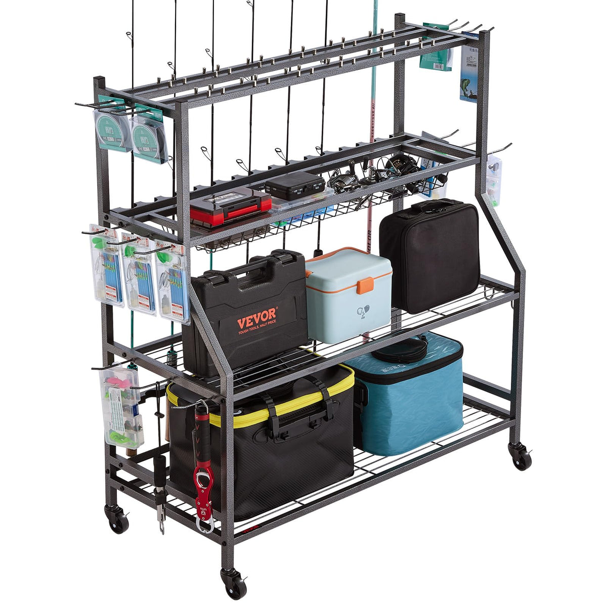 VEVOR fishing rod holder displaying 15-rod rack for organized garage storage.