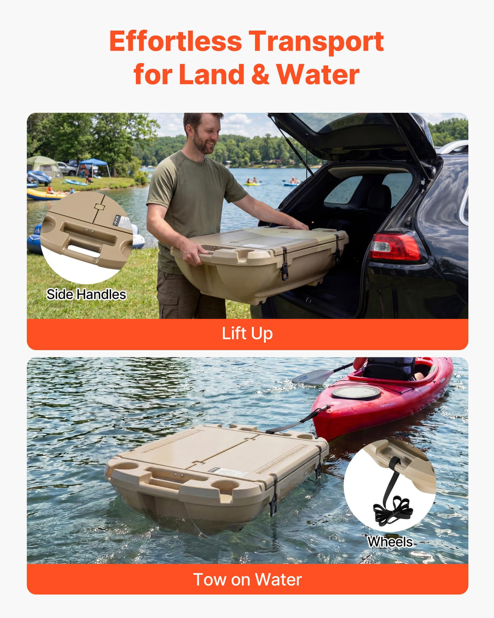 VEVOR apricot floating cooler shown on water demonstrating stability