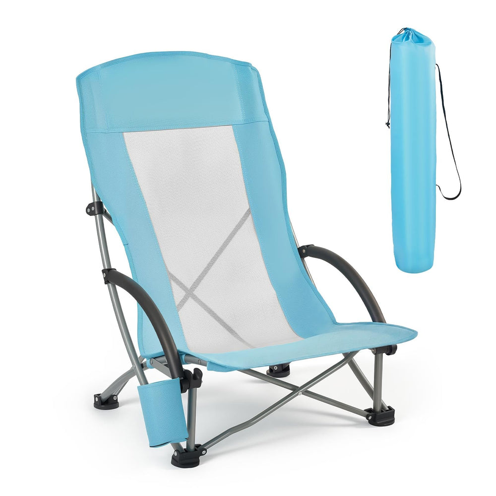VEVOR high-back folding beach chair offers ergonomic support for long outdoor sessions.