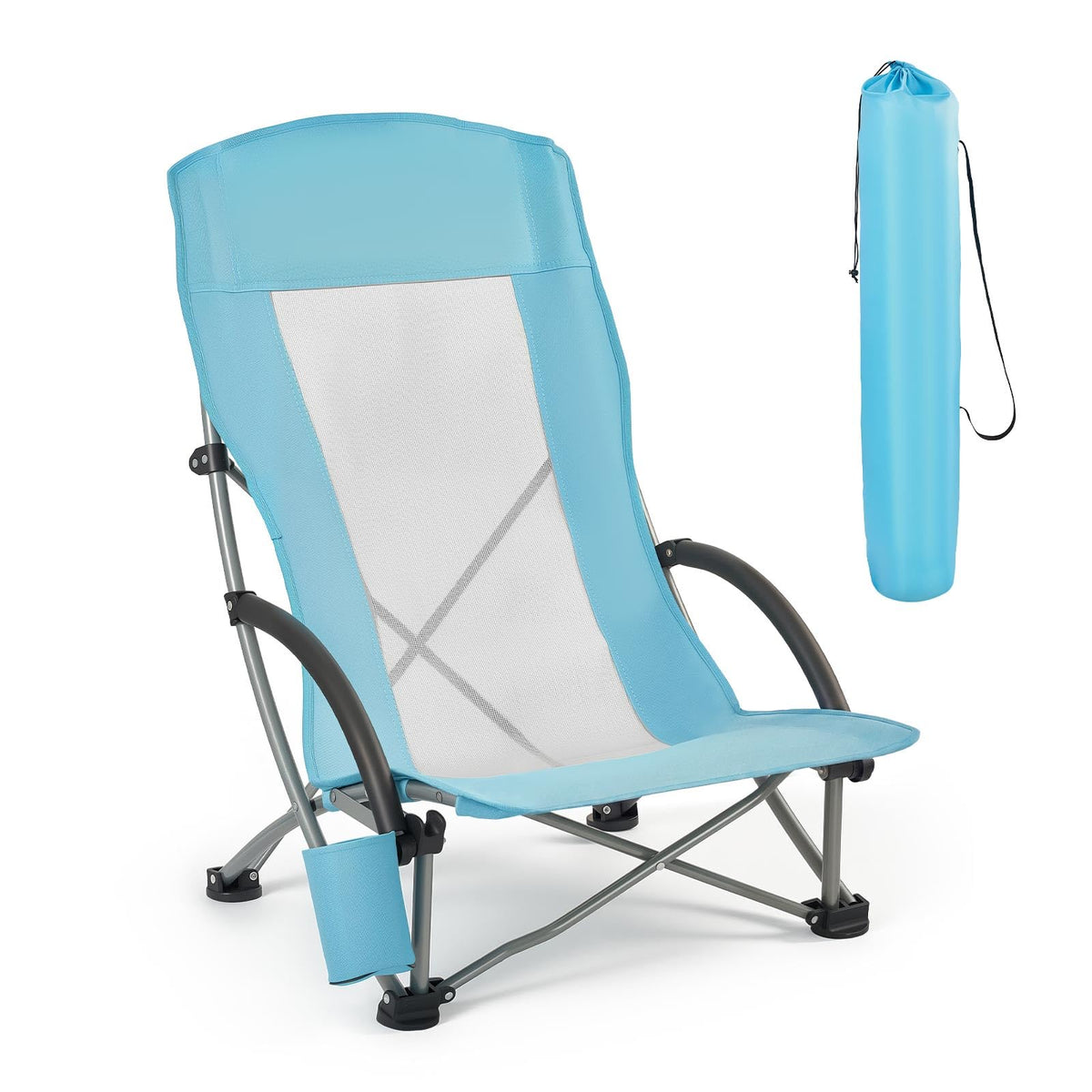 VEVOR high-back folding beach chair offers ergonomic support for long outdoor sessions.
