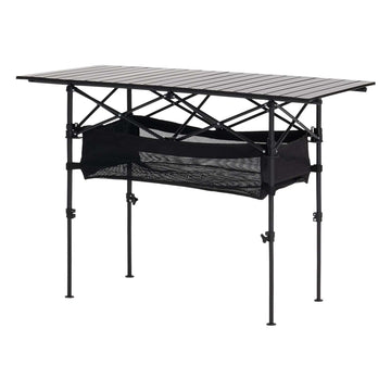 VEVOR folding camping table at beach or tailgate for meals.