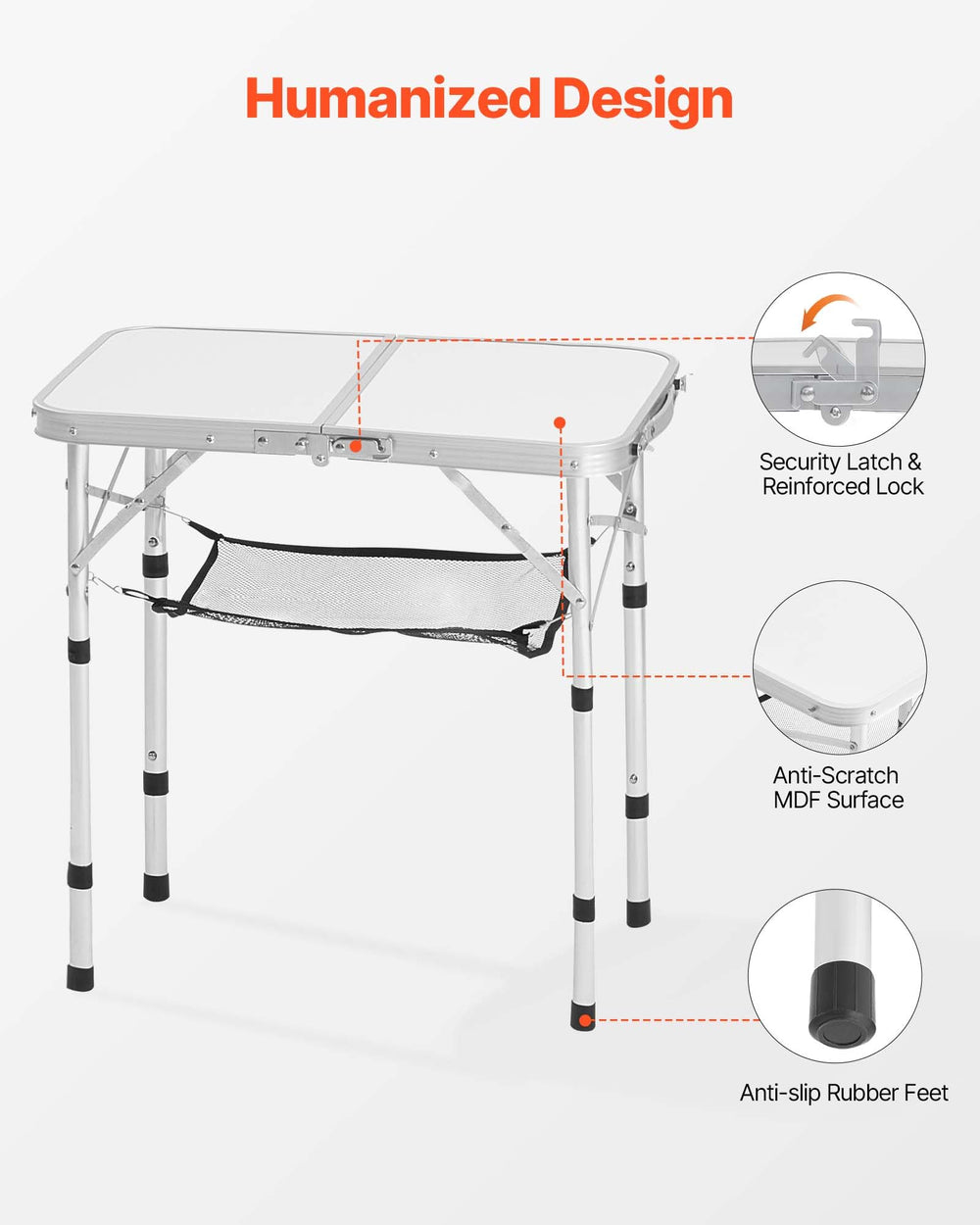 VEVOR folding camping table compact dimensions fit in trunks and bags.